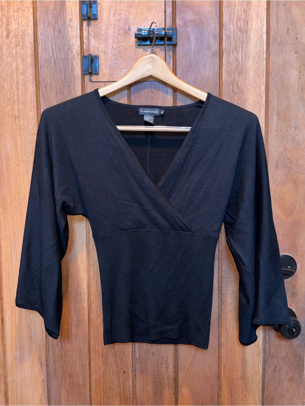 Rampage Black V-Neck Wrap Knit/Sweater Top with Three-Quarter Sleeves